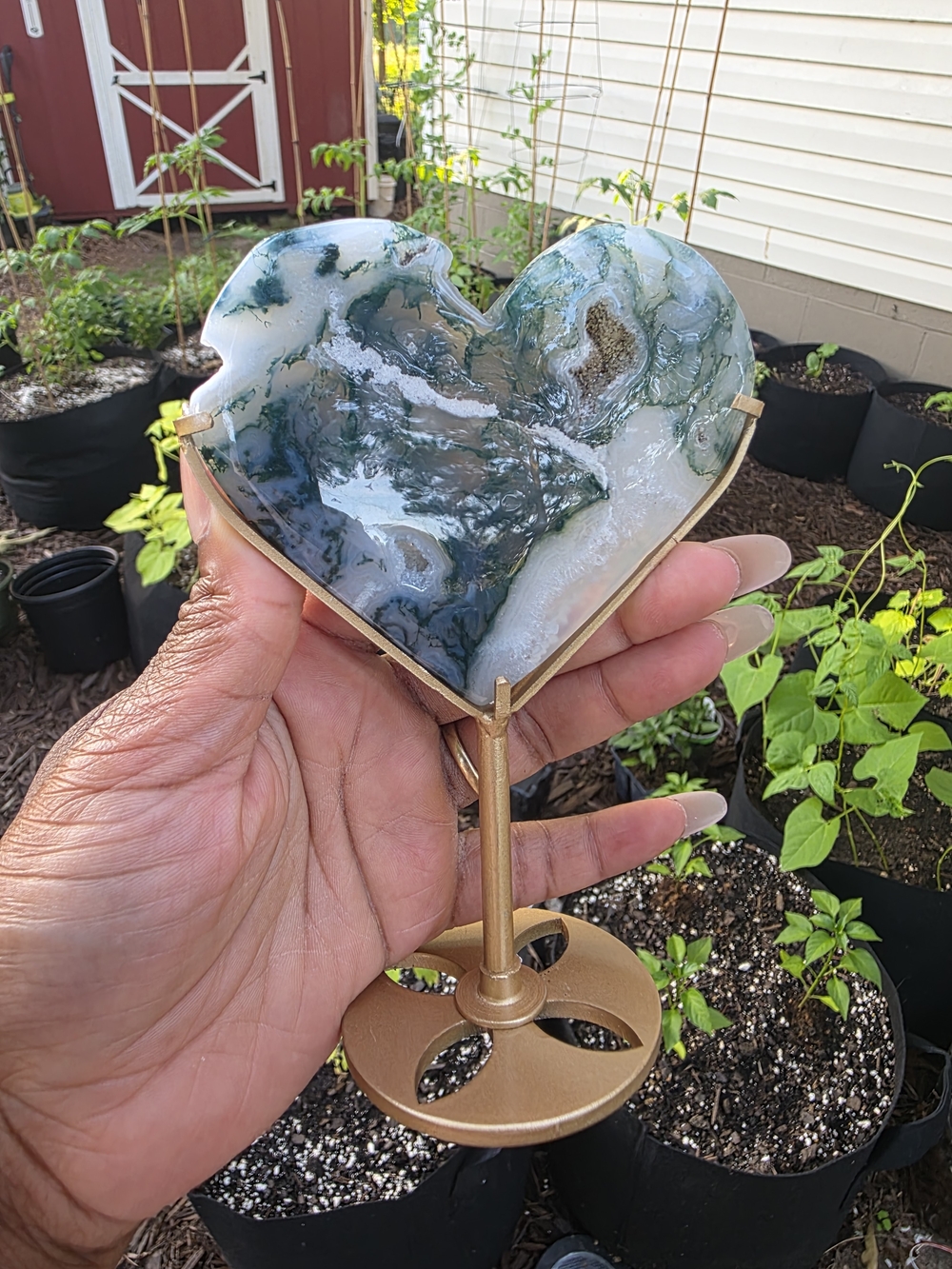 Heart-Shaped Moss Agate Display on Gold Stand - Green & White